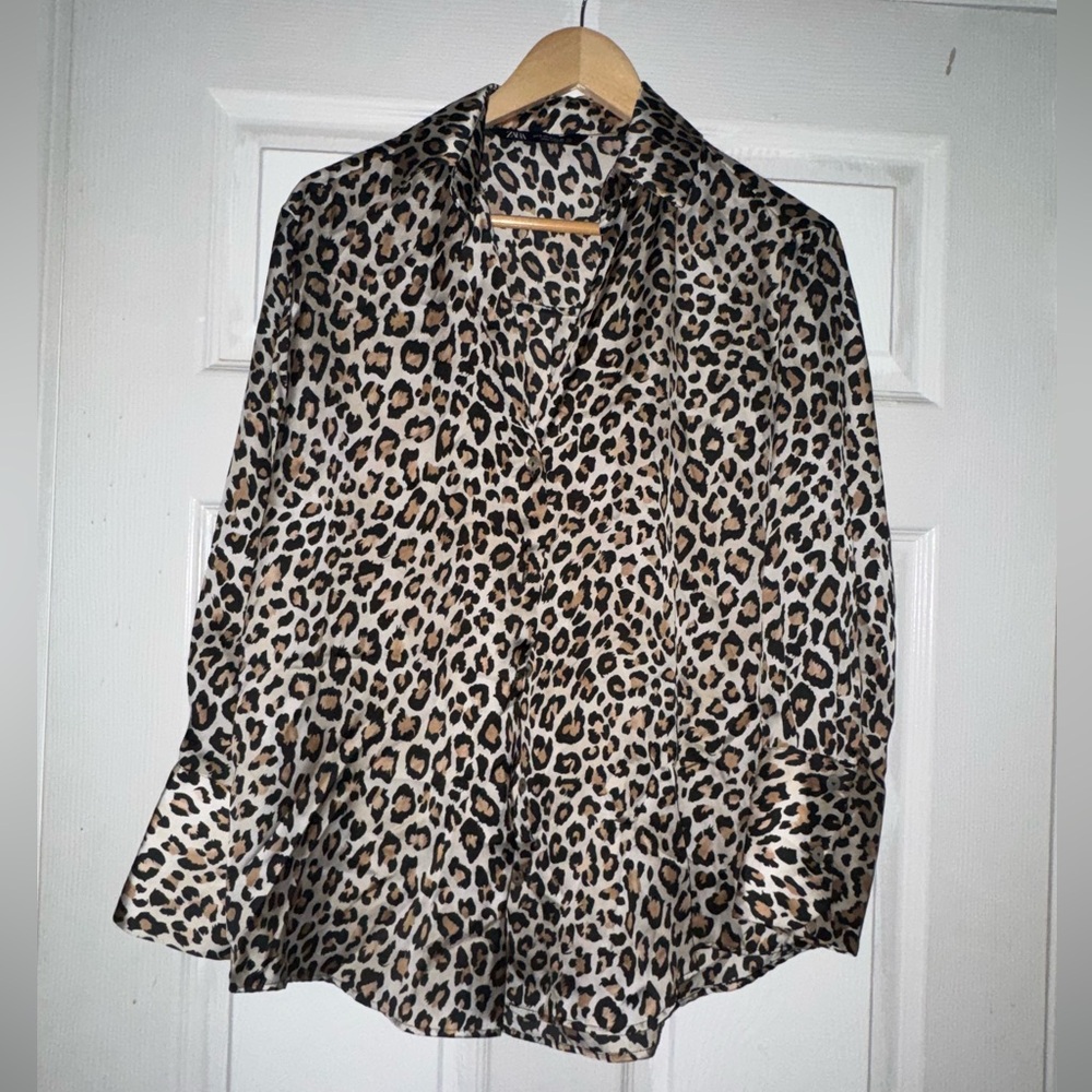 Zara Oversized Cheetah Leopard Animal Print Satin Shirt
